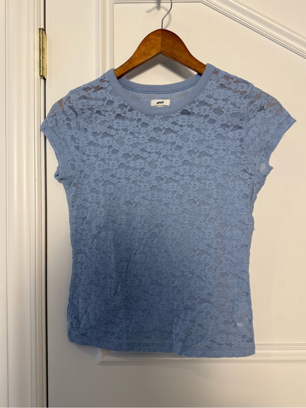 Aerie Blue Floral Lace Sheer Baby Tee XXS
